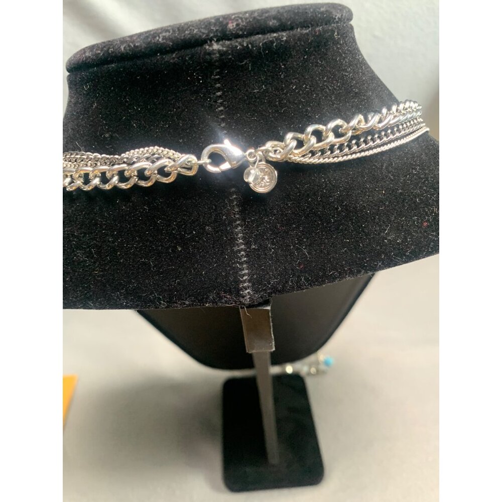 Layered Silver Tone Chain Necklace with Blue & Clear Beads Jewelry 42” - Picture 4 of 7